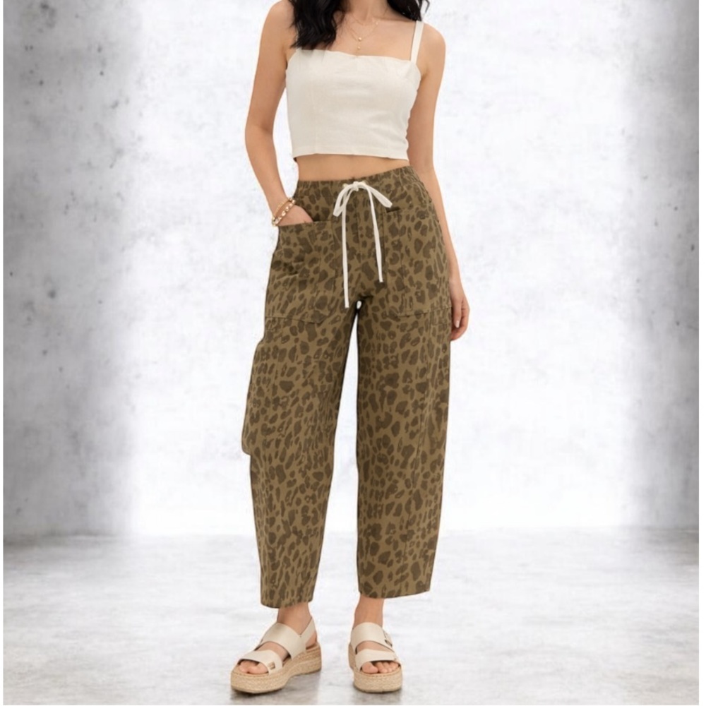ENTROPY Leopard Drawstring Cropped Wide-Ballon Leg Pants ~ NWT